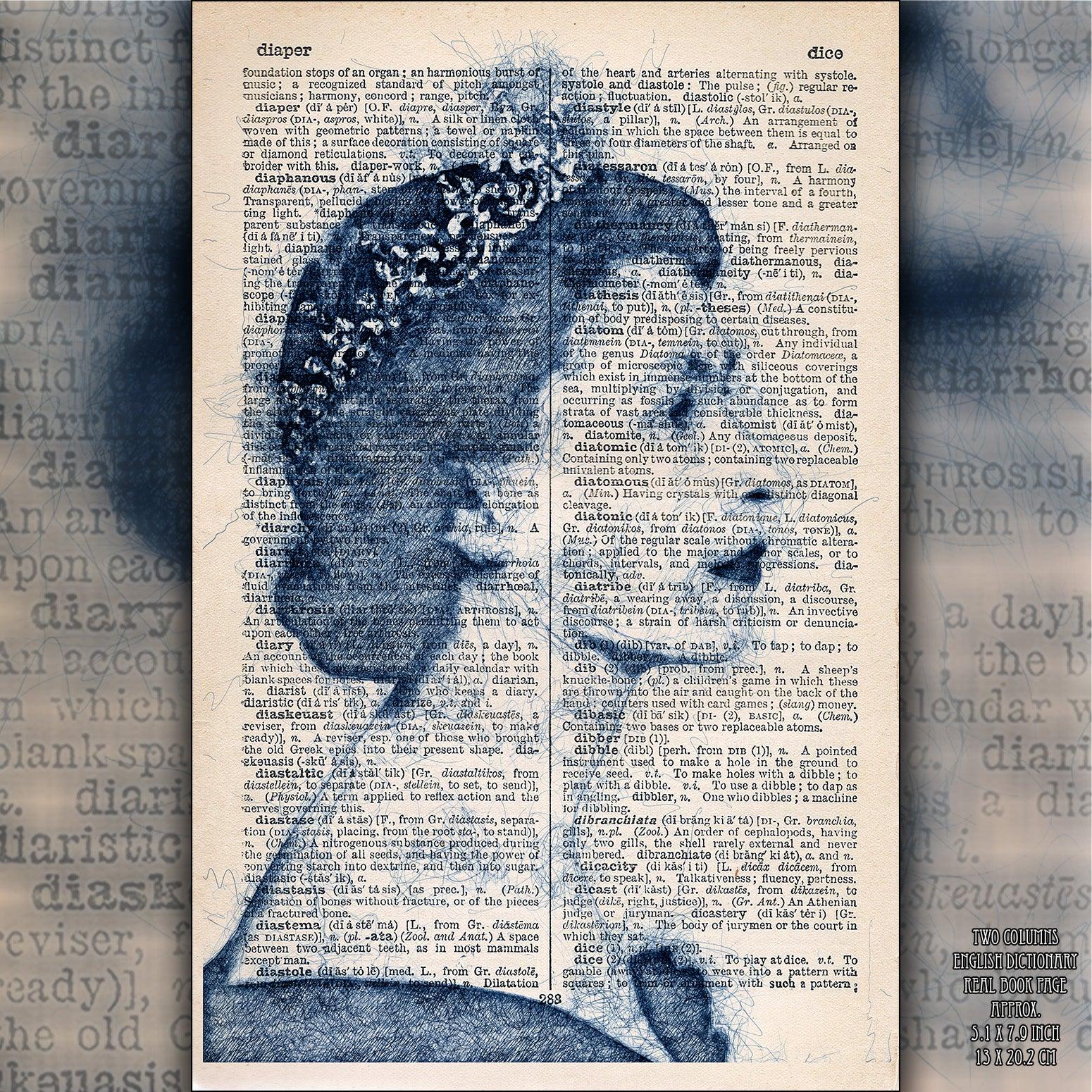 Queen Elizabeth II Blue Pen 1 Art Poster on Vintage Dictionary Page - ArtCursor