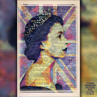 Queen Elizabeth II Union Jack 2 Art Poster on Vintage Dictionary Page - ArtCursor