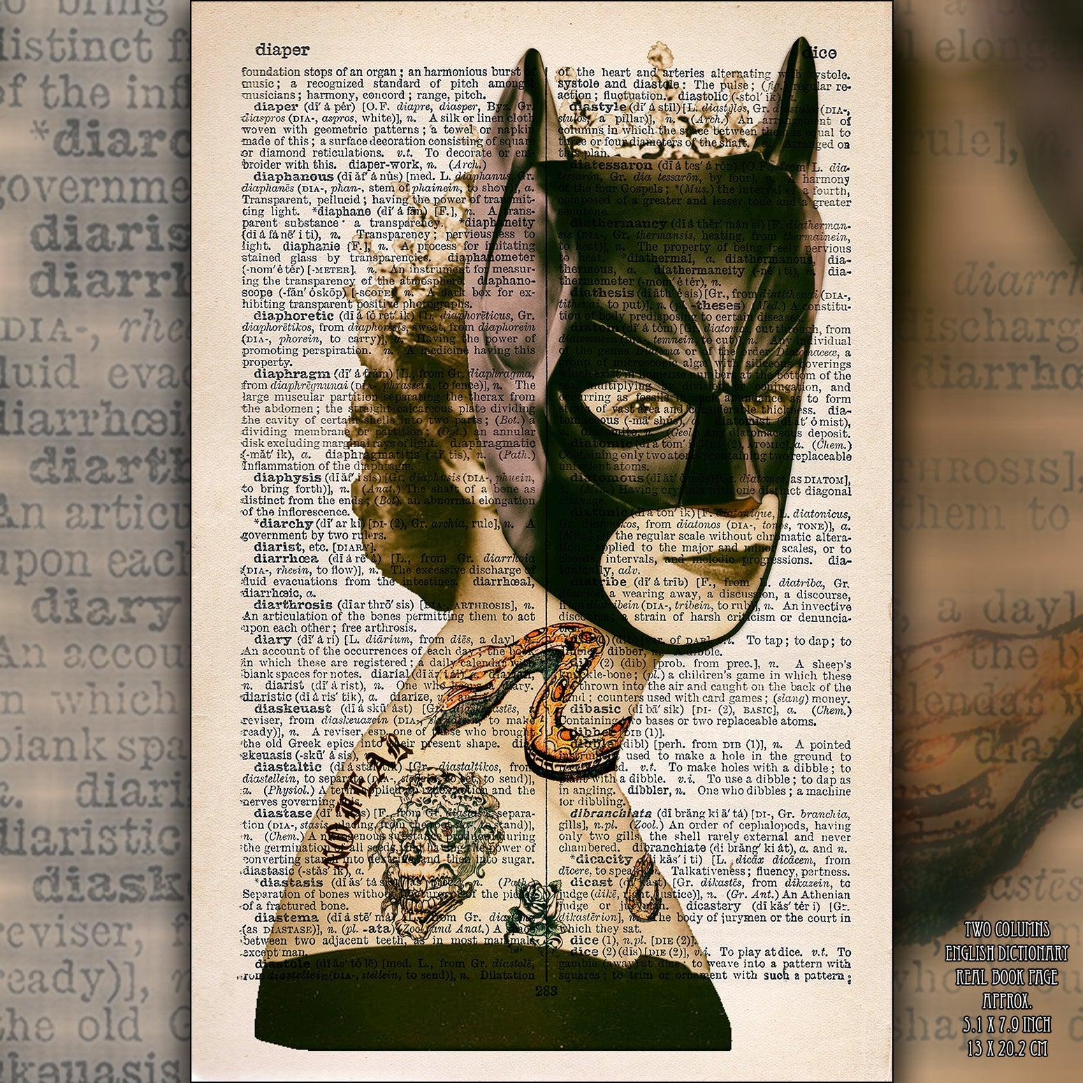 Queen Elizabeth II Batman Mask Art Poster on Vintage Dictionary Page - ArtCursor