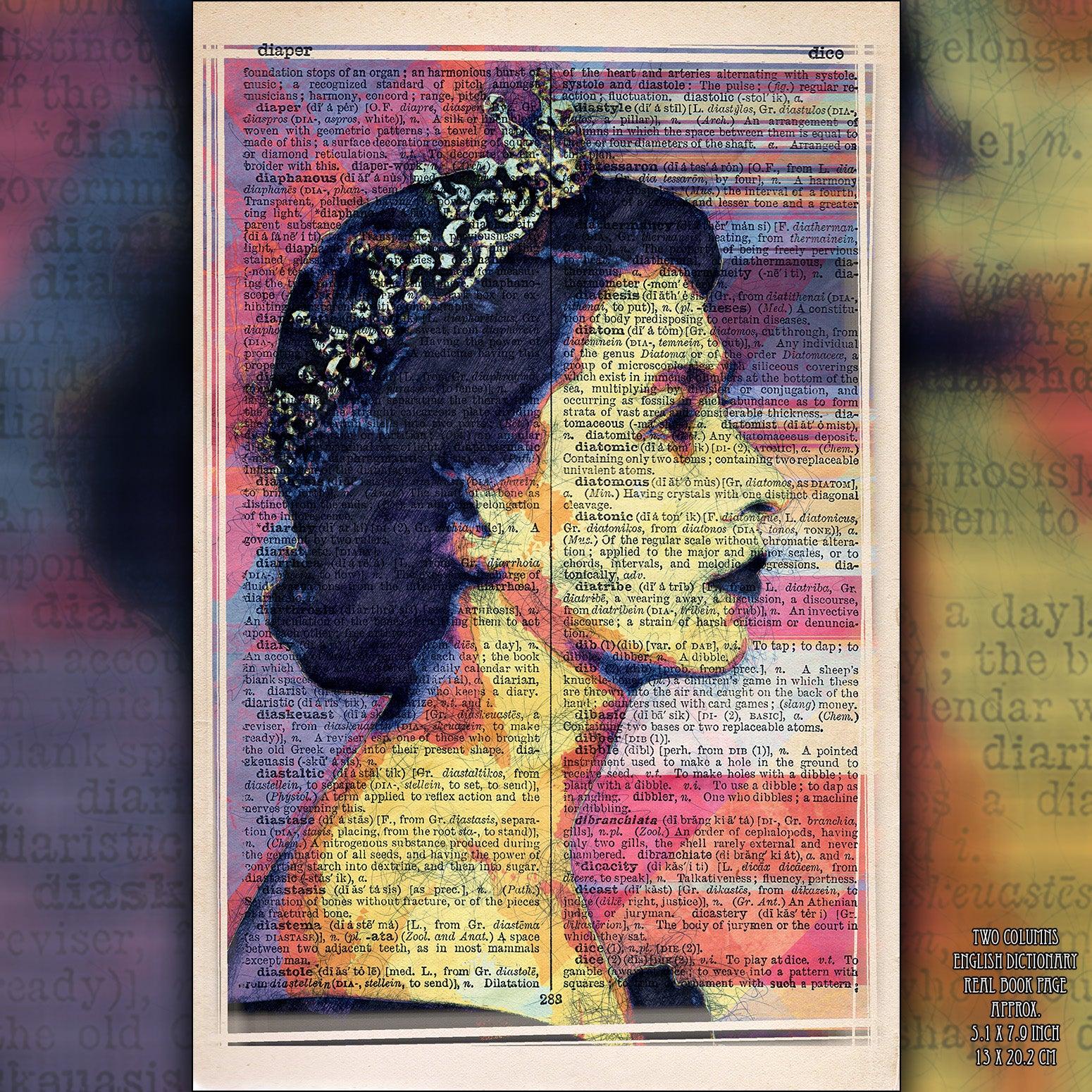 Queen Elizabeth II Digital Lines Art Poster on Vintage Dictionary Page - ArtCursor