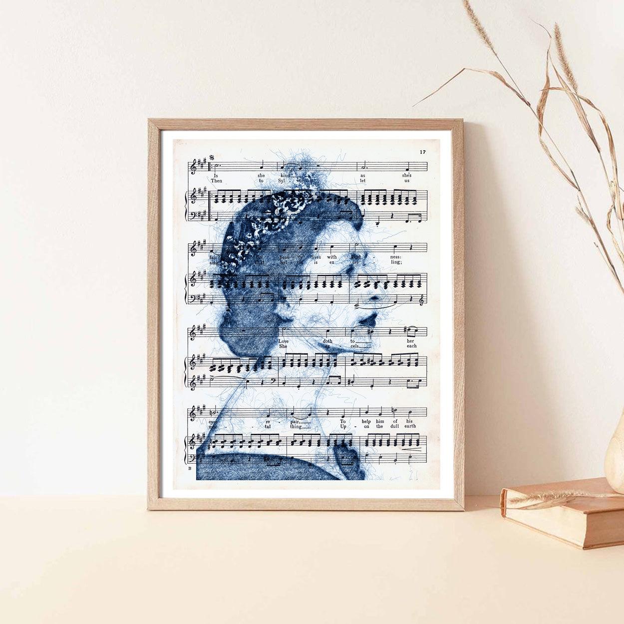 Queen Elizabeth II Blue Pen 1 Art Poster on Vintage Dictionary Page - ArtCursor