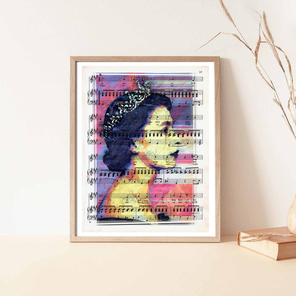 Queen Elizabeth II Digital Lines Art Poster on Vintage Dictionary Page - ArtCursor