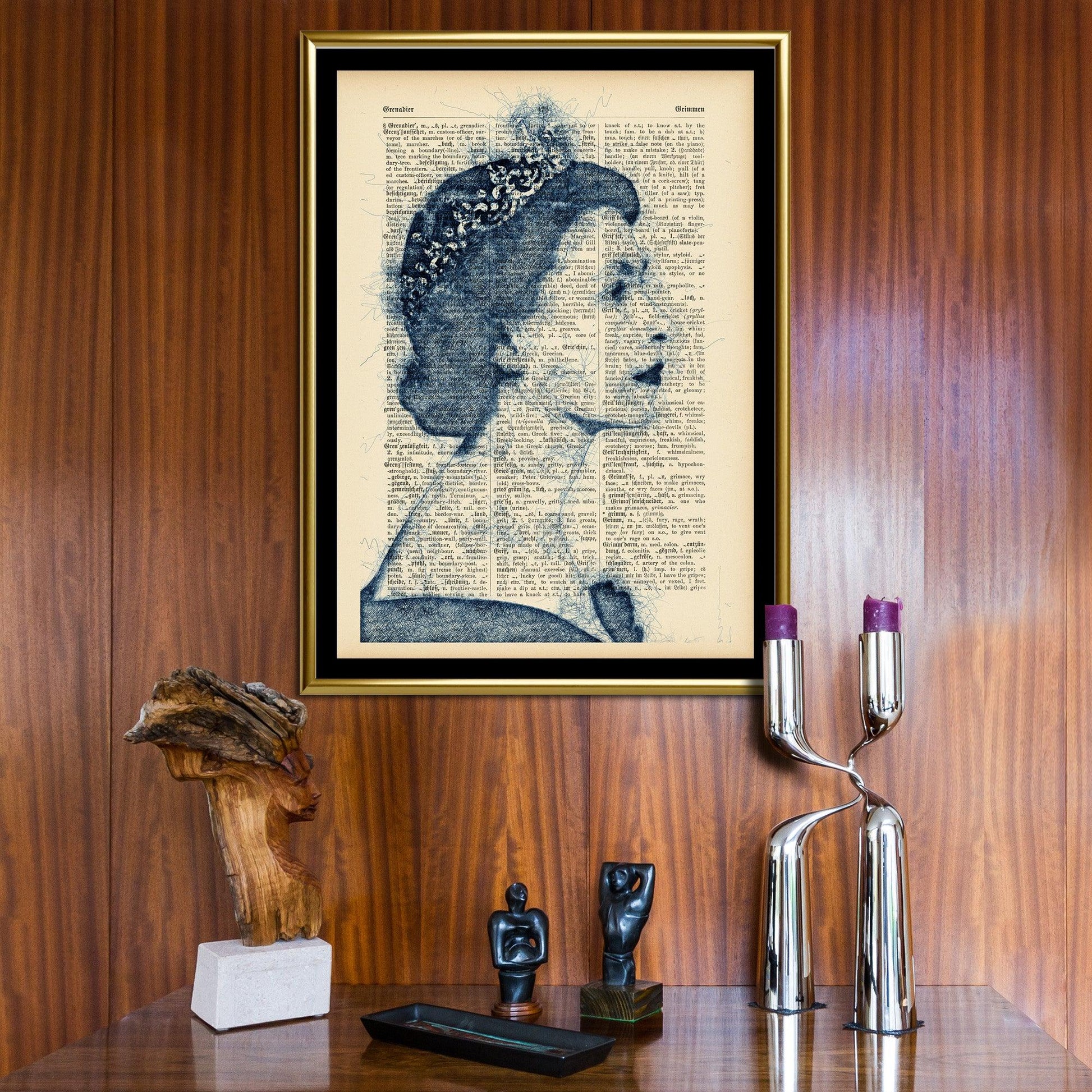 Queen Elizabeth II Blue Pen 1 Art Poster on Vintage Dictionary Page - ArtCursor