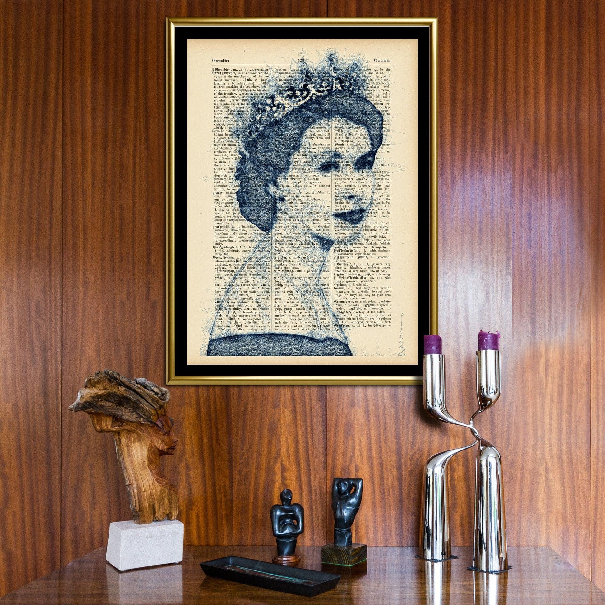 Queen Elizabeth II Blue Pen 2 Art Poster on Vintage Dictionary Page - ArtCursor