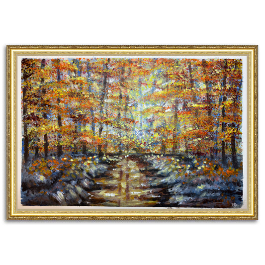 A serene depiction of trees in the autumn forest.
