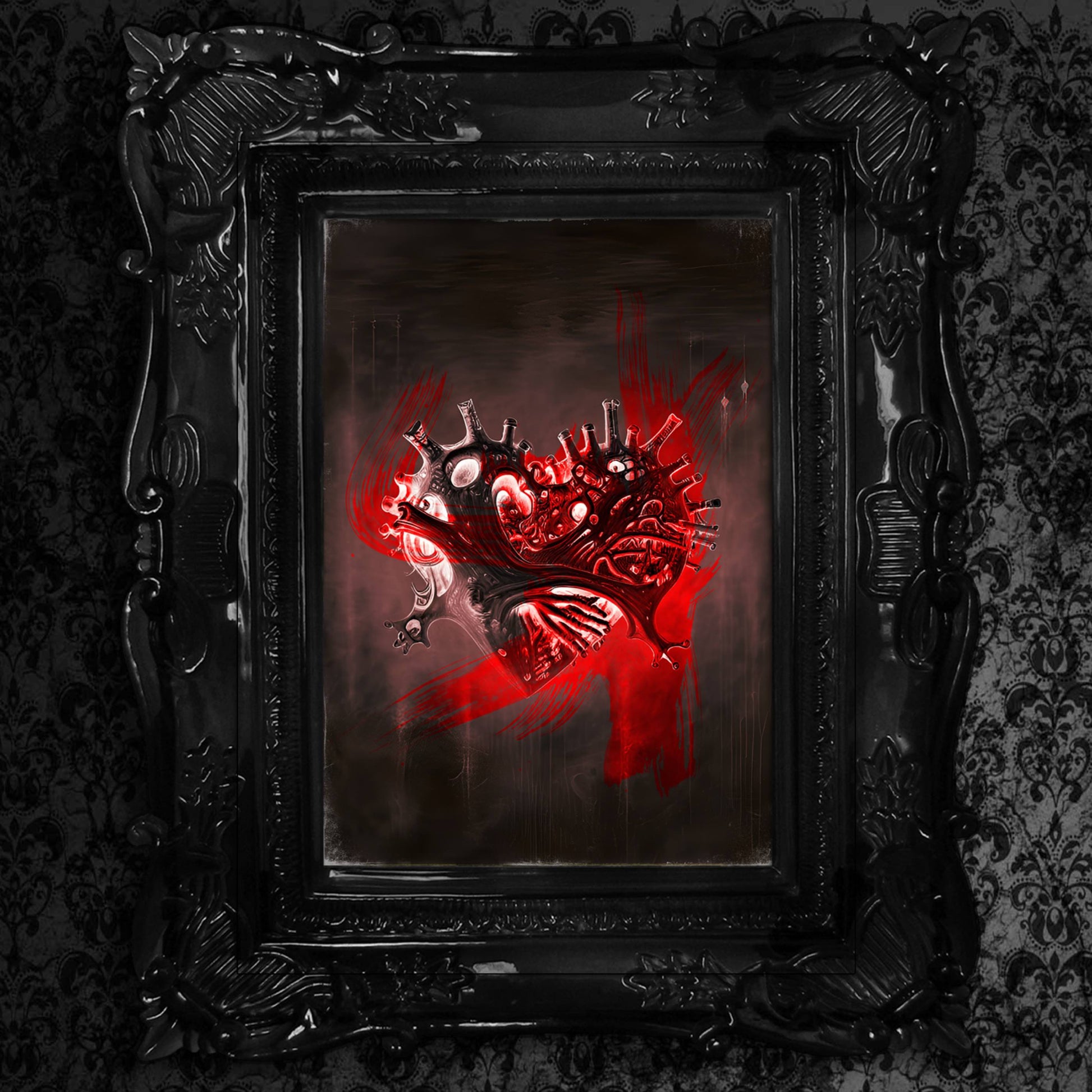 "Bizarre Love" combines romance and macabre, with an X-ray styled heart on an aged, worn negative background.