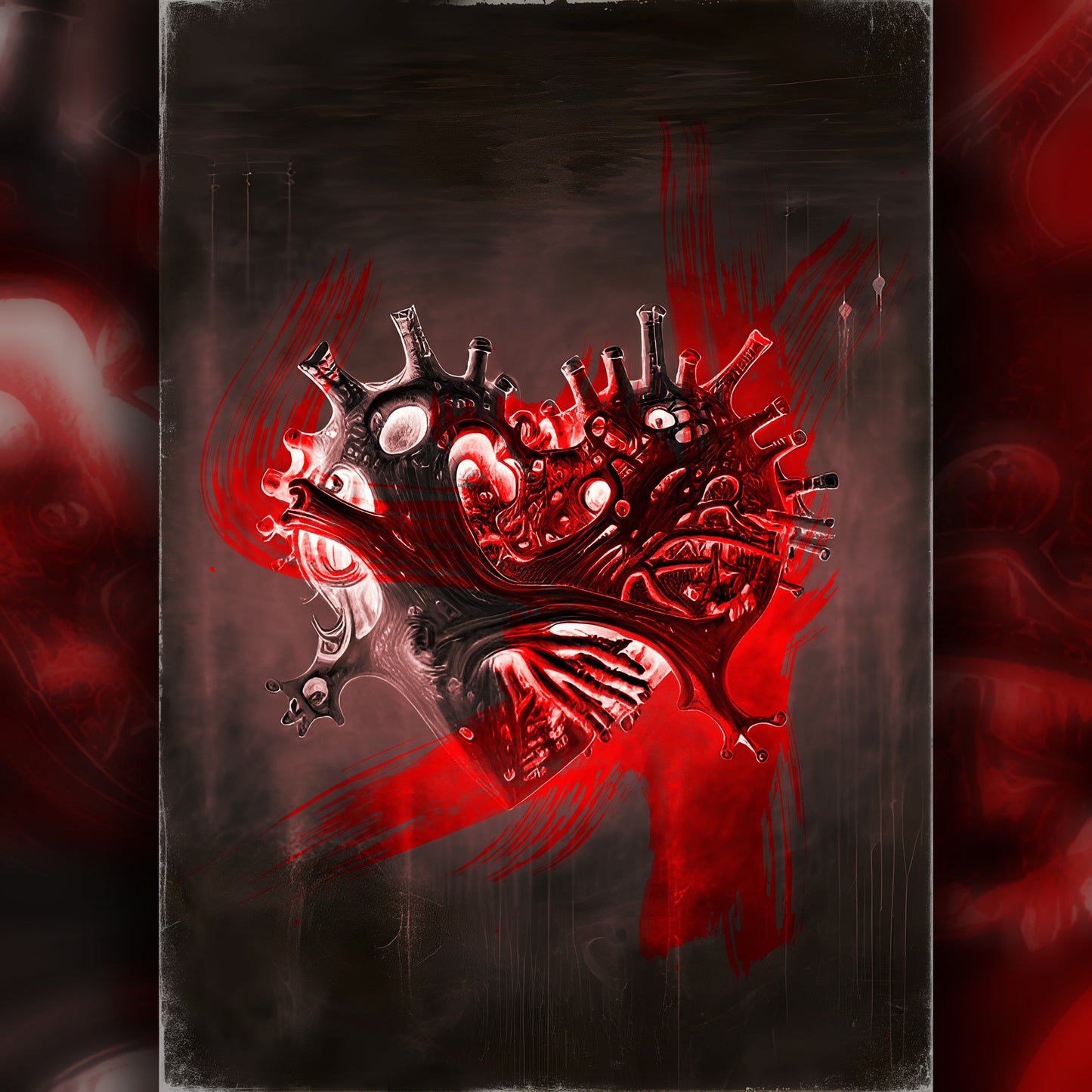 Limited edition "Bizarre Love" print features a traditional heart with veins, painted in red for a gore-horror effect.