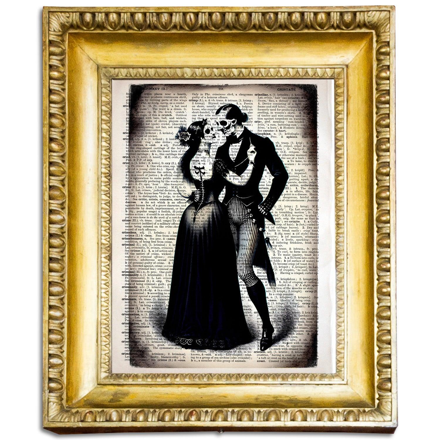 Dancing Skeletons Embrace Lovers: Victorian Gothic Decor and Dark Romance Art on Vintage Dictionary Page - ArtCursor