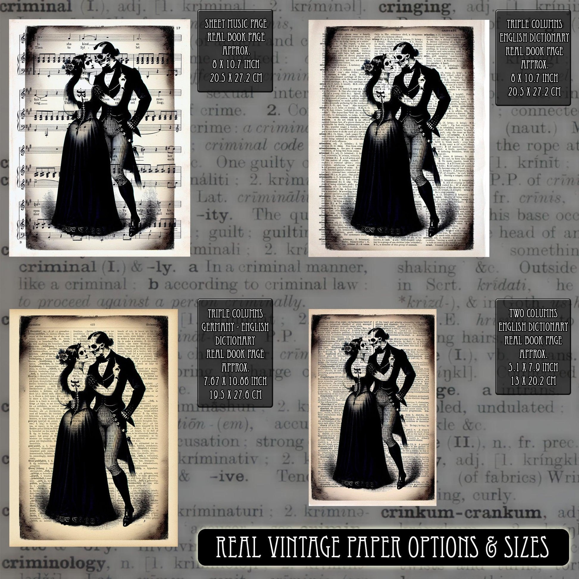 Dancing Skeletons Embrace Lovers: Victorian Gothic Decor and Dark Romance Art on Vintage Dictionary Page - ArtCursor