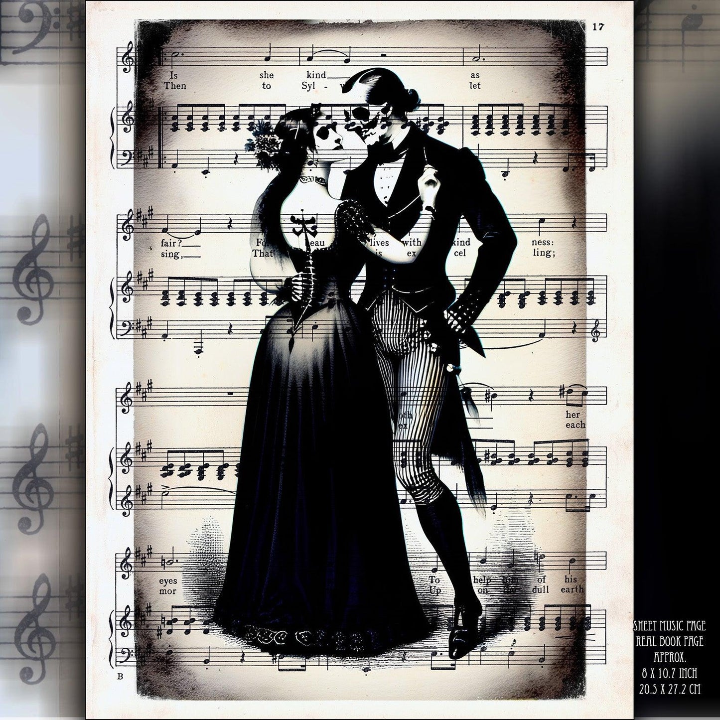 Dancing Skeletons Embrace Lovers: Victorian Gothic Decor and Dark Romance Art on Vintage Dictionary Page - ArtCursor