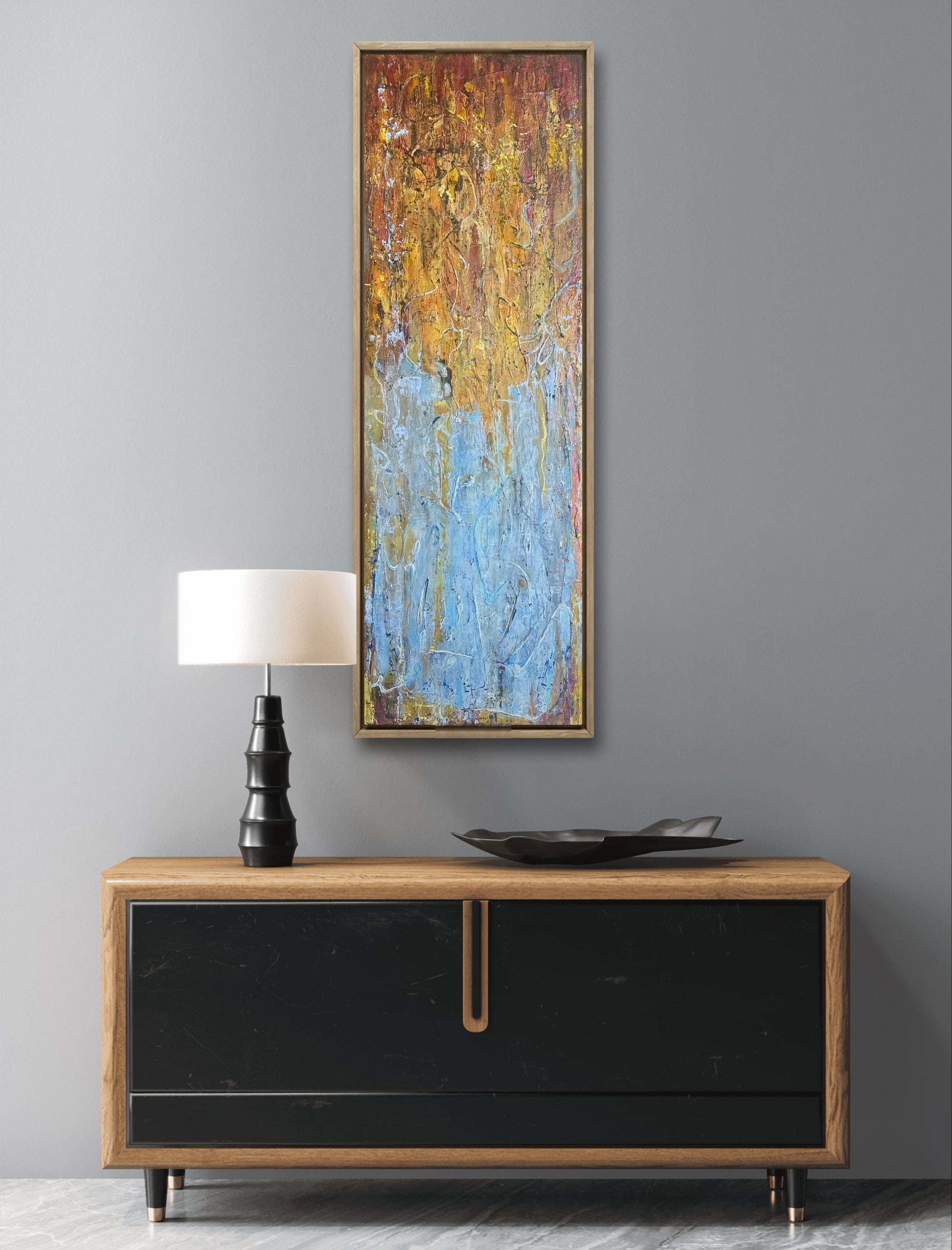 Large textured abstract artwork in yellow