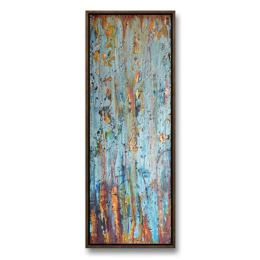 Abstract painting with blue tones and metallic reflections