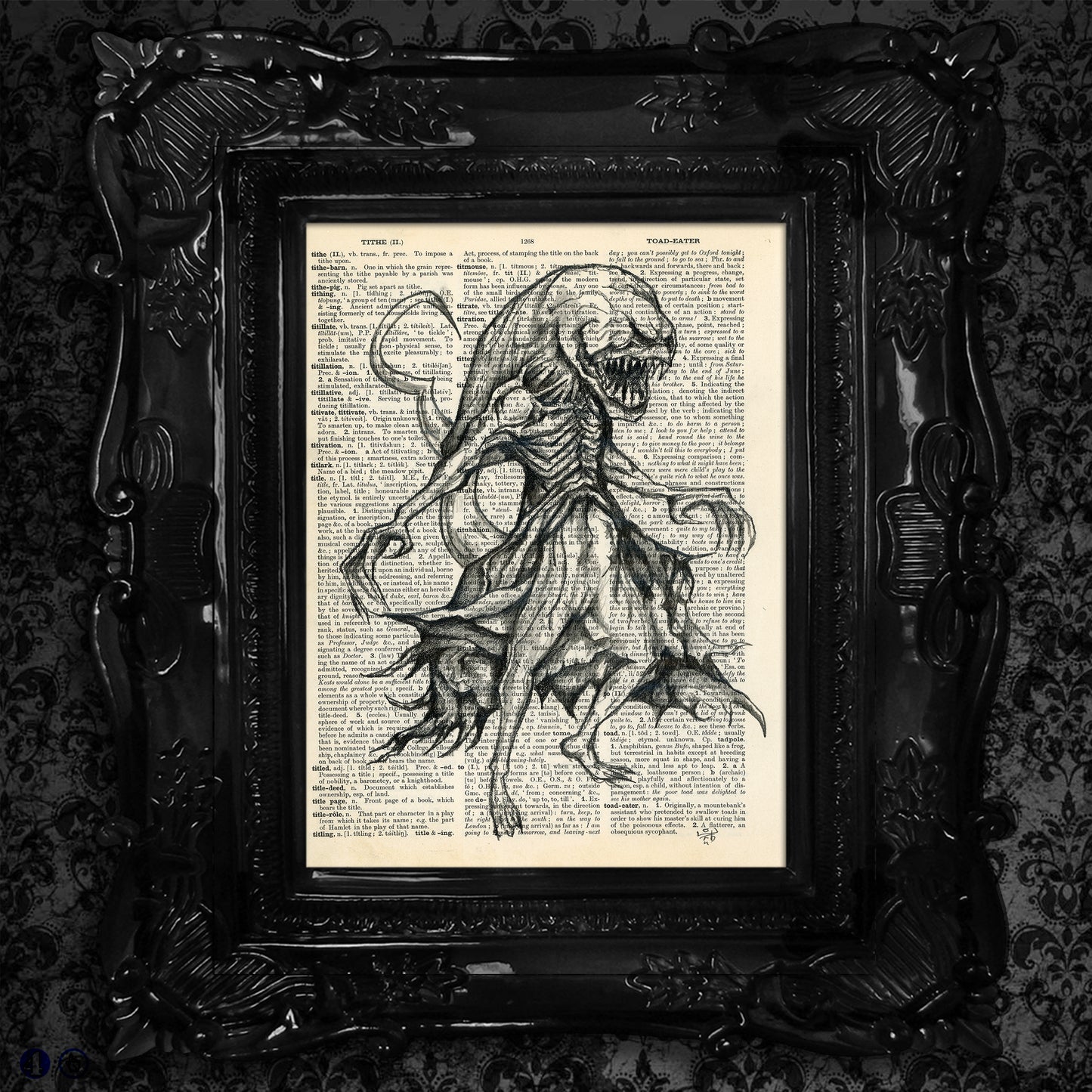 Pencil drawing of a "Xenomorph" on a vintage English dictionary page, blending horror art with historical whimsy.