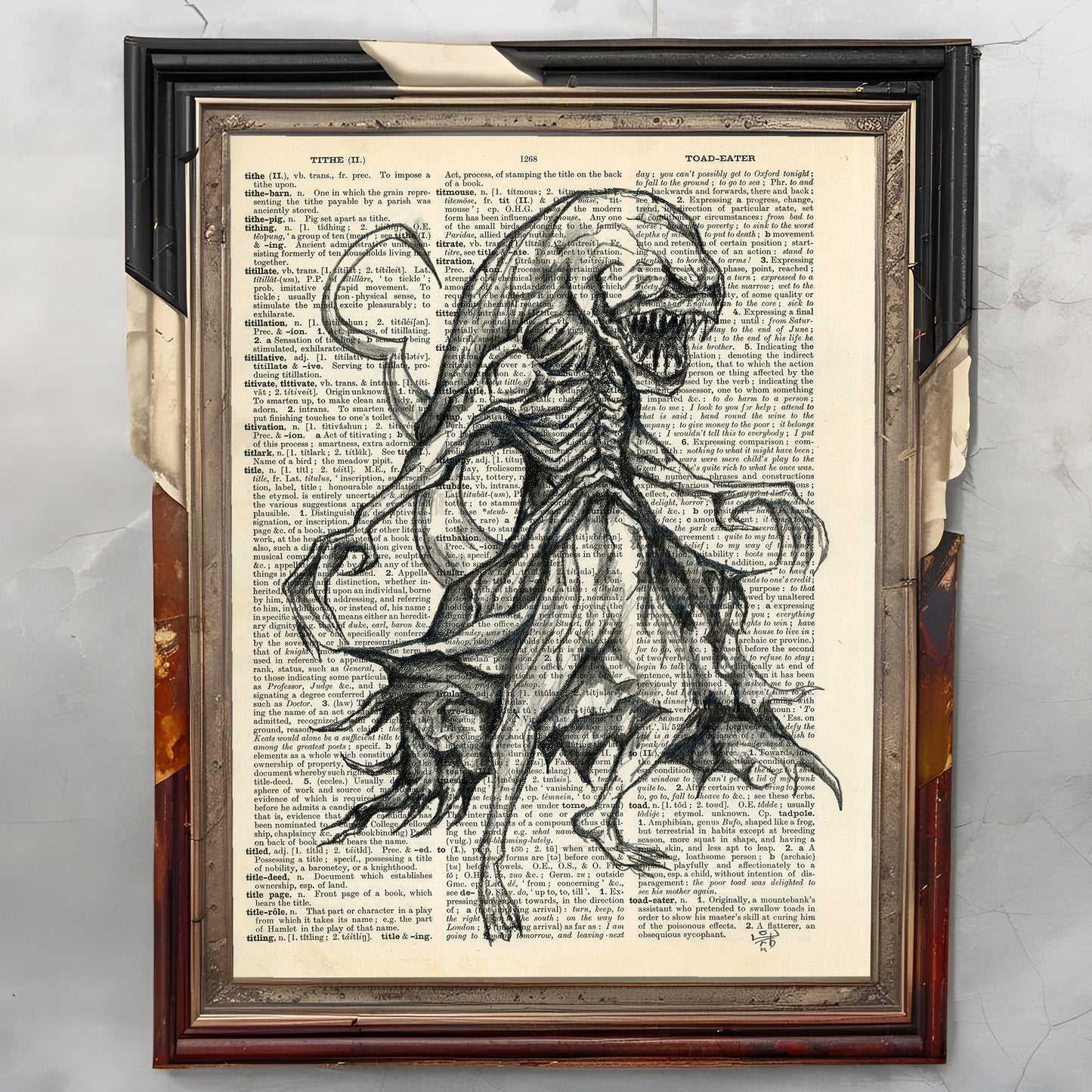 Horror art piece "Xenomorph" on upcycled vintage paper, showcasing an alien creature drawn with pencil.