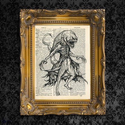 "Xenomorph" digital art: A terrifying extraterrestrial drawn on an upcycled 1930s English dictionary page.