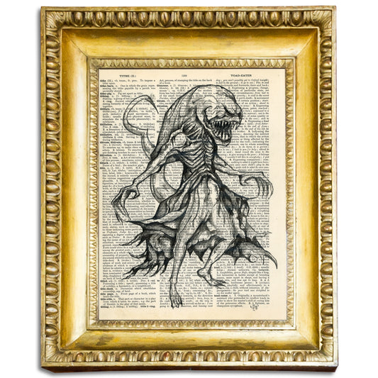 "Xenomorph" artwork, a chilling pencil drawing of an extraterrestrial creature on a 1930s English dictionary page.