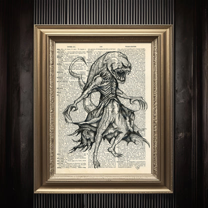 "Xenomorph" by an eco-conscious artist from Lincolnshire, featuring a terrifying alien on a 1930s dictionary page.