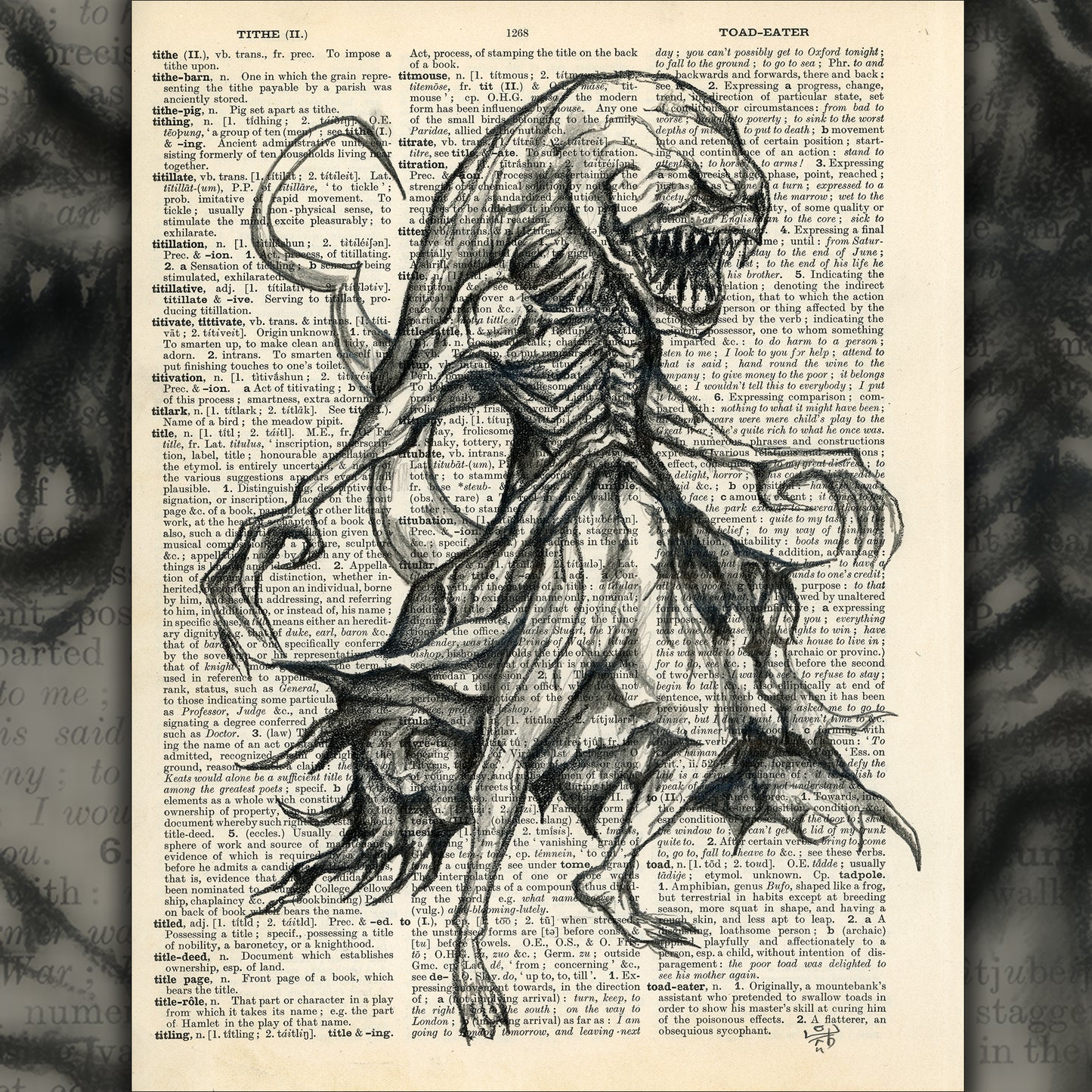 "Xenomorph" by Misty Lady: Horror-themed pencil drawing of an alien on upcycled vintage dictionary paper.