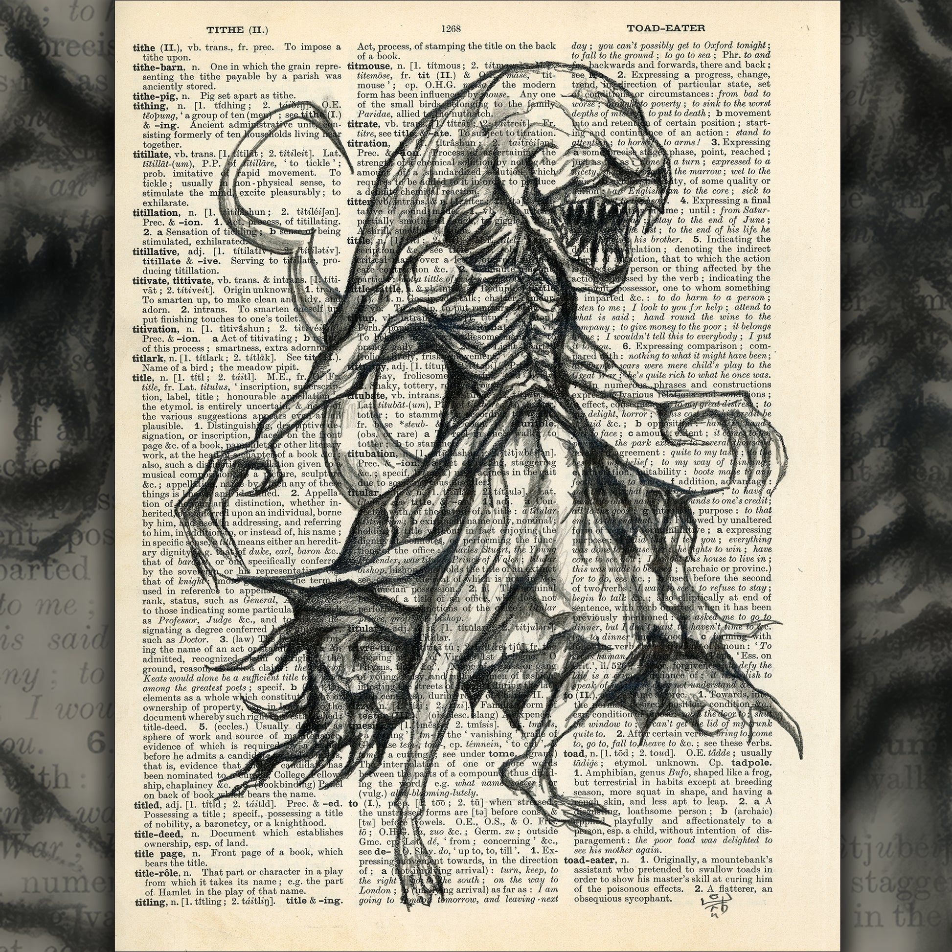"Xenomorph" by Misty Lady: Horror-themed pencil drawing of an alien on upcycled vintage dictionary paper.