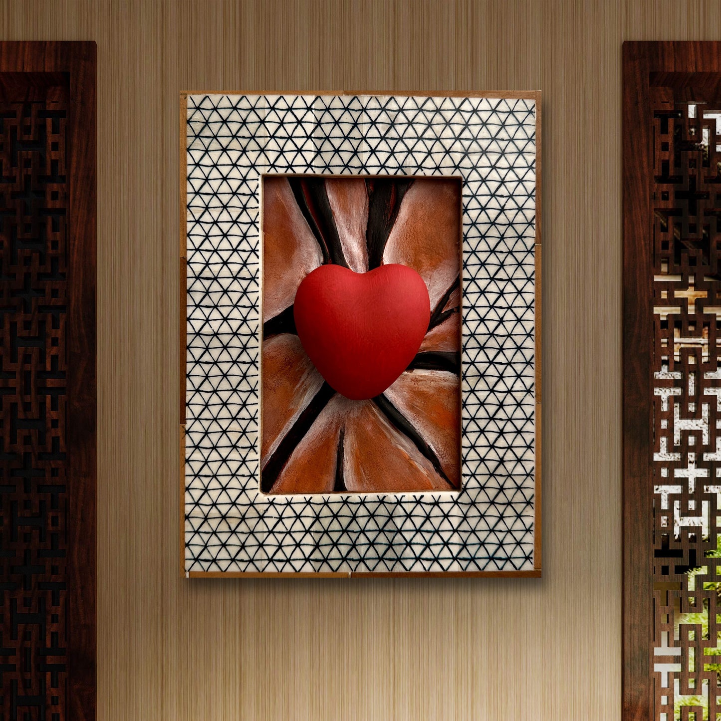 Framed leather heart art piece, crafted with black lines and detailed hand-sculpting.
