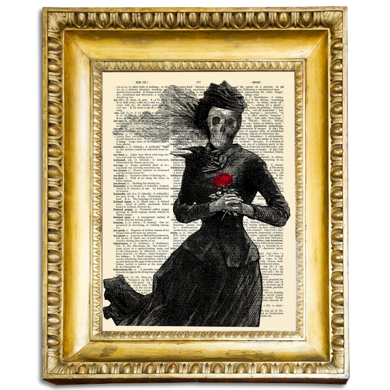 A striking red rose of death illustration printed on an authentic vintage dictionary page with Victorian gothic details.
