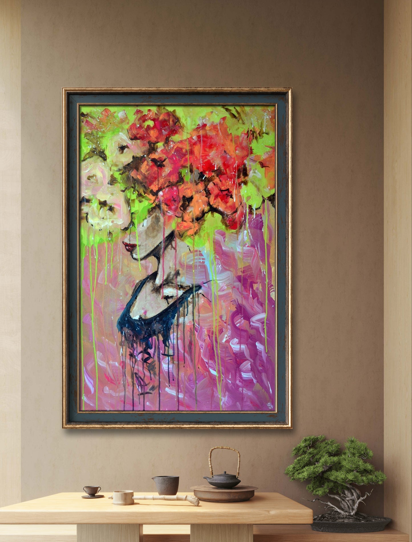 Modern Abstract Female Portrait - Captivating acrylic art with an expressive floral theme, ready to hang and perfect for home decor.