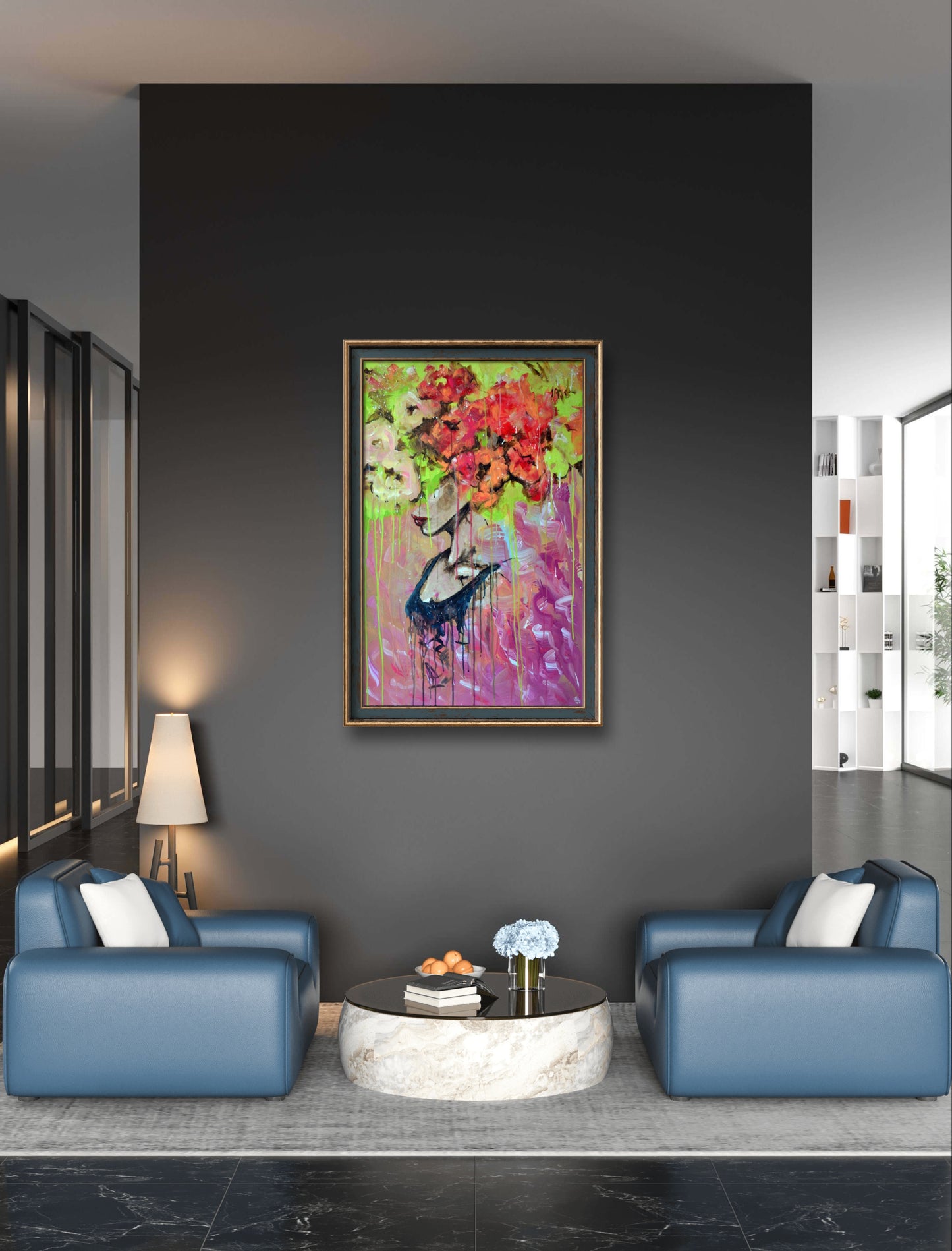 Colorful Abstract Portrait with Flowers - Unique and fashionable large canvas painting with vibrant floral elements by Jakub DK.