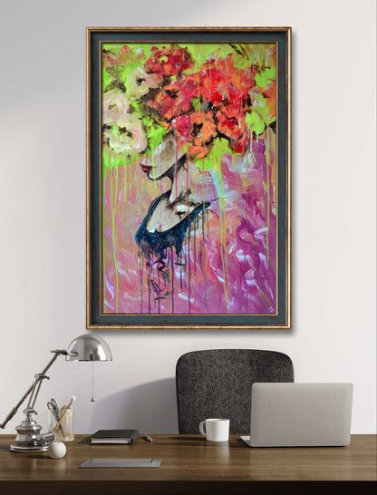 Expressive Floral Art on Canvas - Dynamic acrylic painting featuring a female portrait with vibrant flowers, adding beauty to any space.