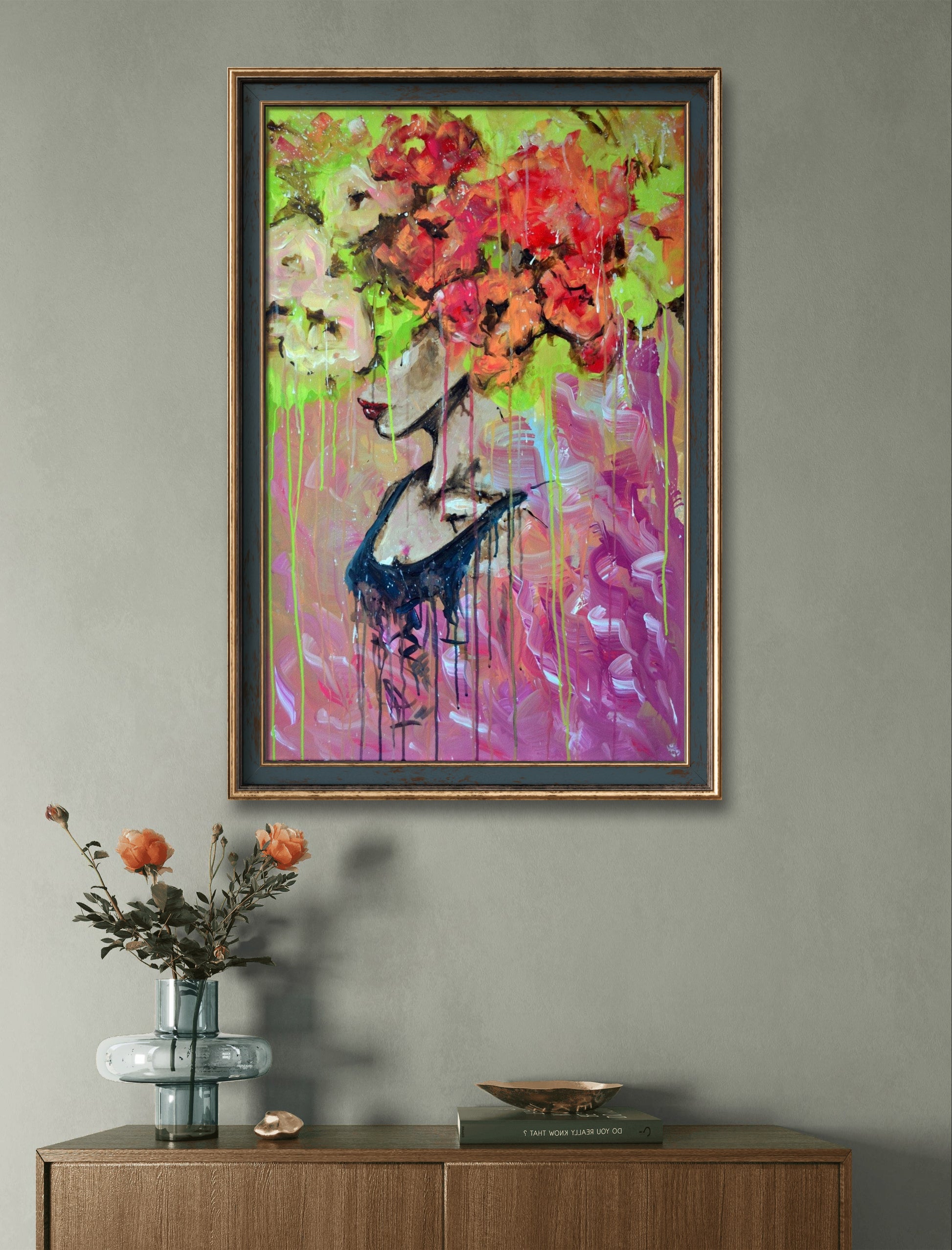 Vibrant Floral Abstract Portrait - A unique acrylic painting with colorful flowers and dynamic brush strokes by Jakub DK.