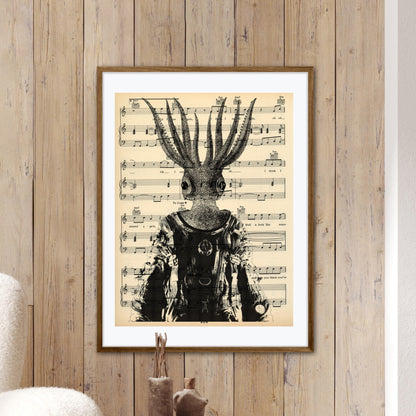 Gothic decor art print of an animal astronaut with a Victorian flair on vintage paper