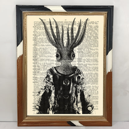 Whimsical ancient astronaut artwork on vintage page for office or gothic decor