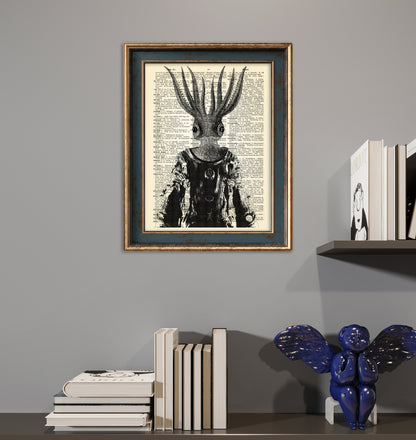 Alien-inspired animal astronaut art print on a real vintage book page in gothic style