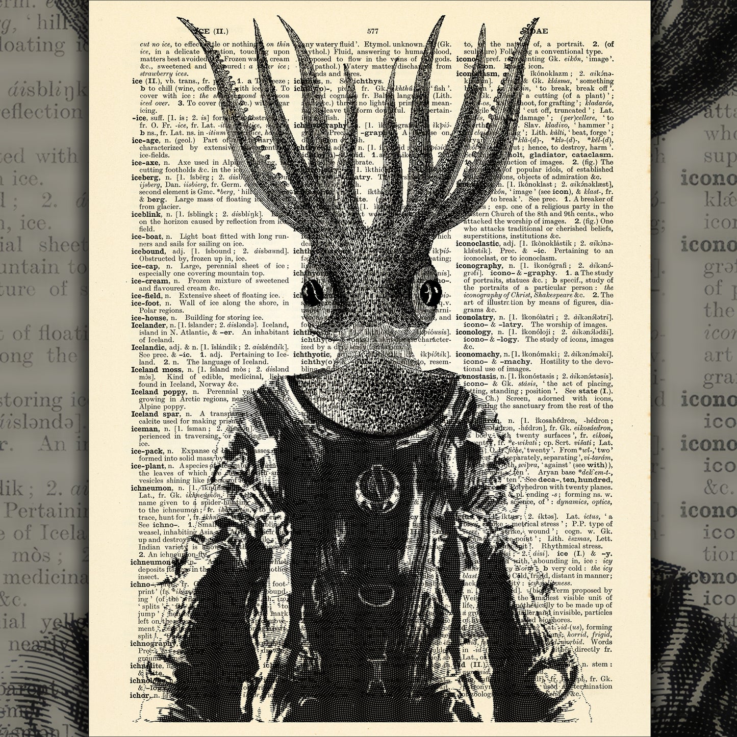 Victorian gothic art print featuring an ancient astronaut theme on an antique book page