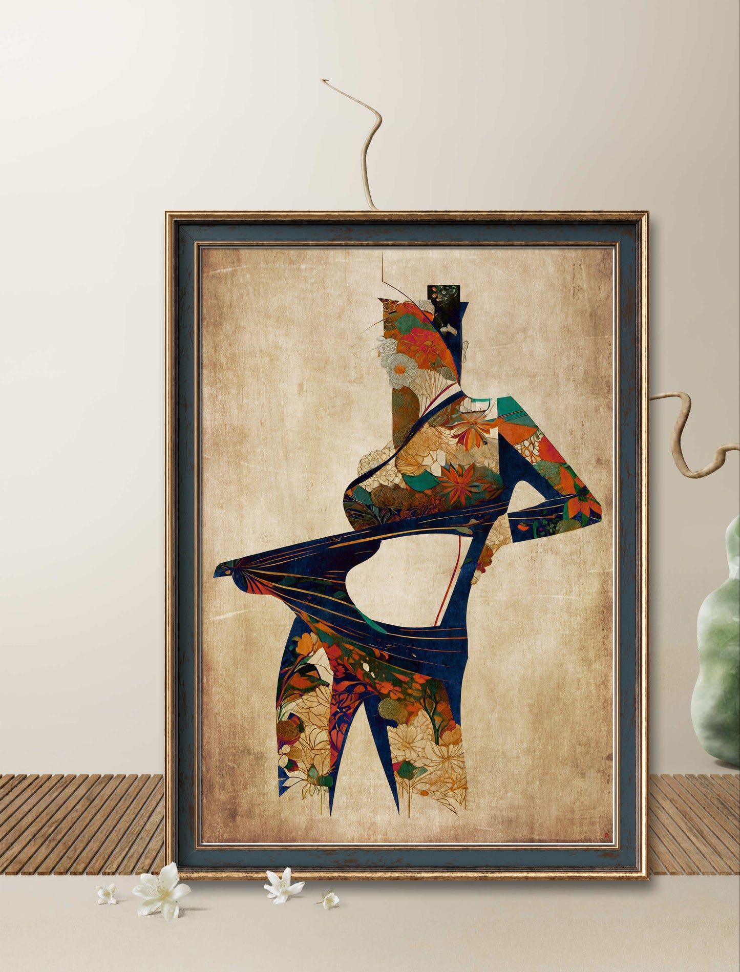 A3-sized digital print of a woman with floral elements integrated into her body in a surrealist style.