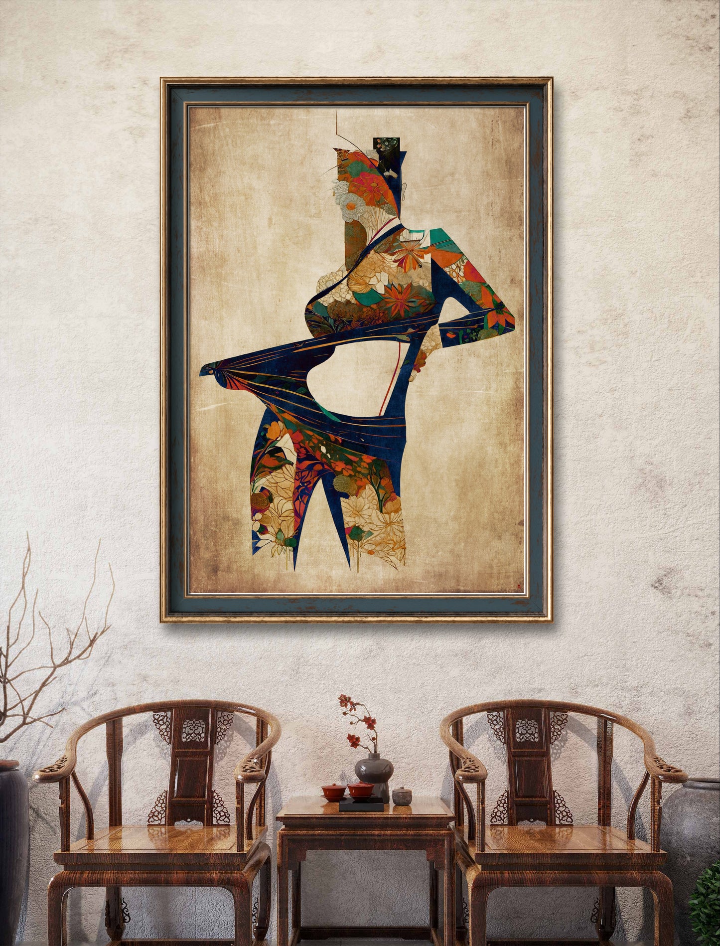 A limited edition print of a woman with intertwined flowers and leaves emerging from her, set in a vintage aesthetic.