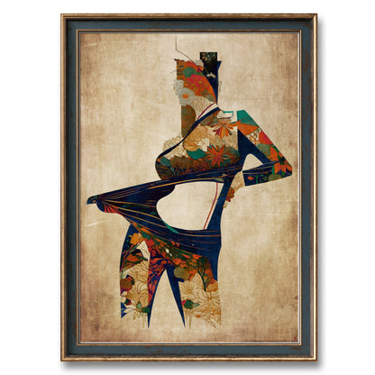 A digital print of a woman with flowers and leaves intertwining with her body.