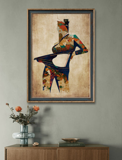 A standing woman with plants and flowers emerging from her body in a sepia-toned art print.