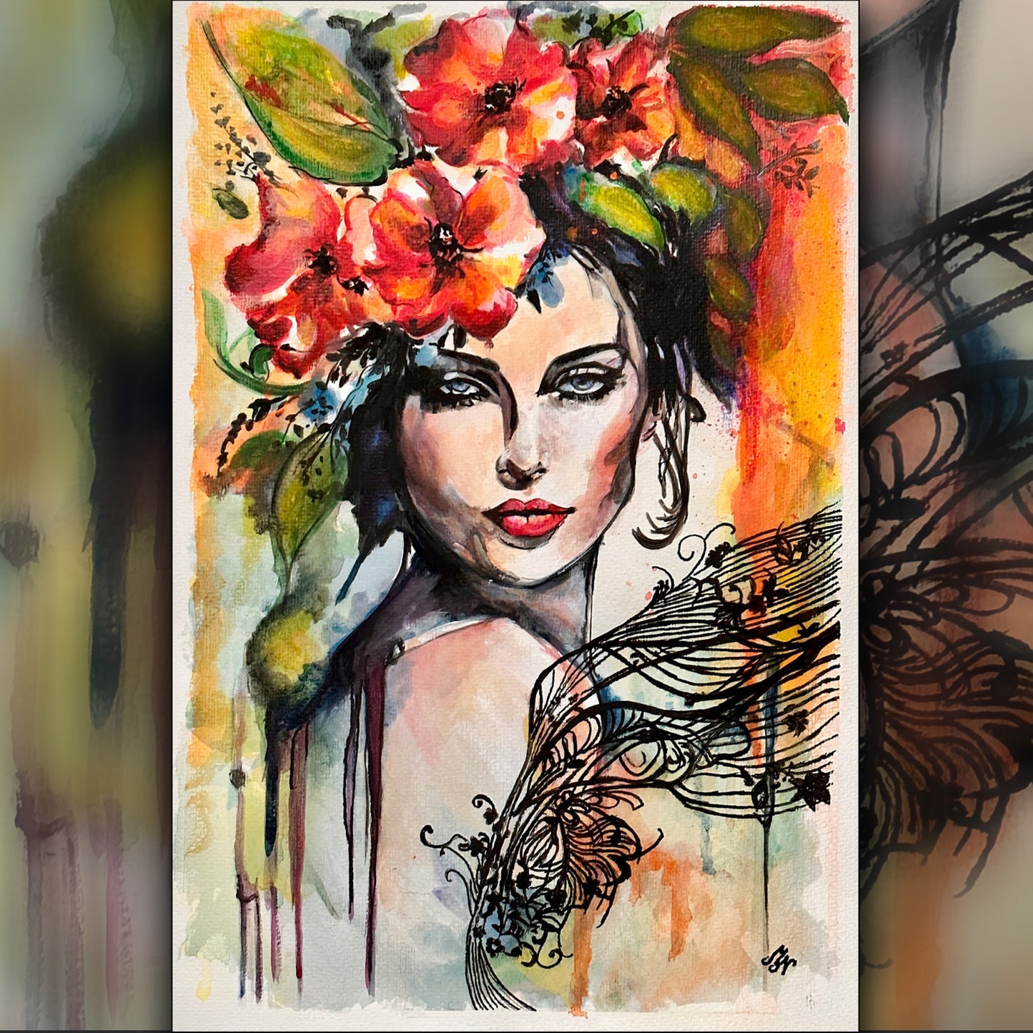 Strength and beauty captured in a watercolor and acrylic portrait of a woman with tattoo-like art.