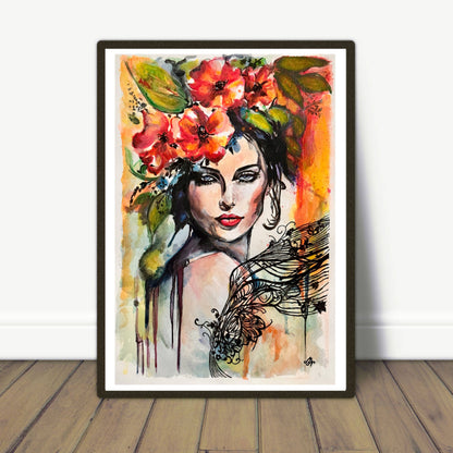 Harmonious fusion of artistic styles in a detailed portrait of a woman with red flowers.