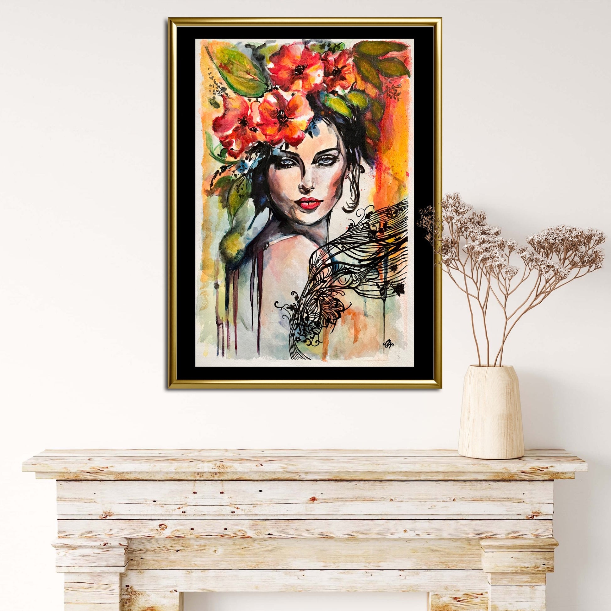 Serene woman surrounded by red flowers and modern graphic designs on textured aquarelle paper.