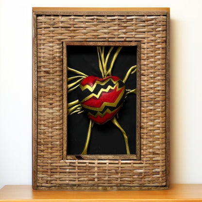 Handcrafted leather heart sculpture with striking black, red, and gold accents, presented in a luxurious wooden frame, symbolizing passion and bold love.