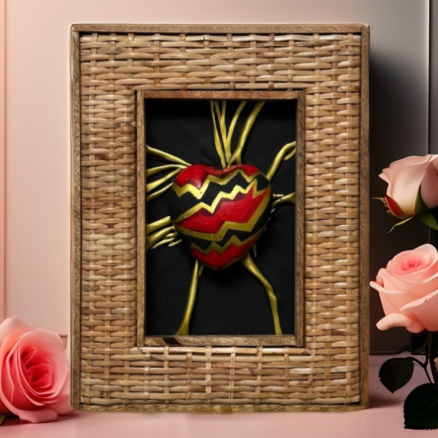 Contemporary leather heart artwork with vibrant acrylic paint details, housed in a gold leaf-finished frame, perfect for celebrating enduring connections.