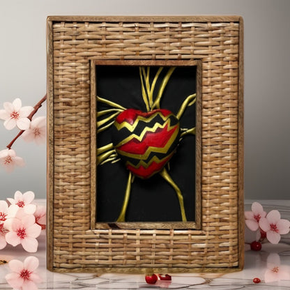 Bold leather heart sculpture, meticulously hand-painted with black, red, and gold acrylics, encased in a stunning wooden frame.