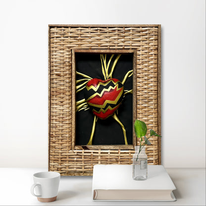 One-of-a-kind leather heart sculpture, featuring vibrant black, red, and gold accents, elegantly framed, perfect for special occasions and expressions of love.