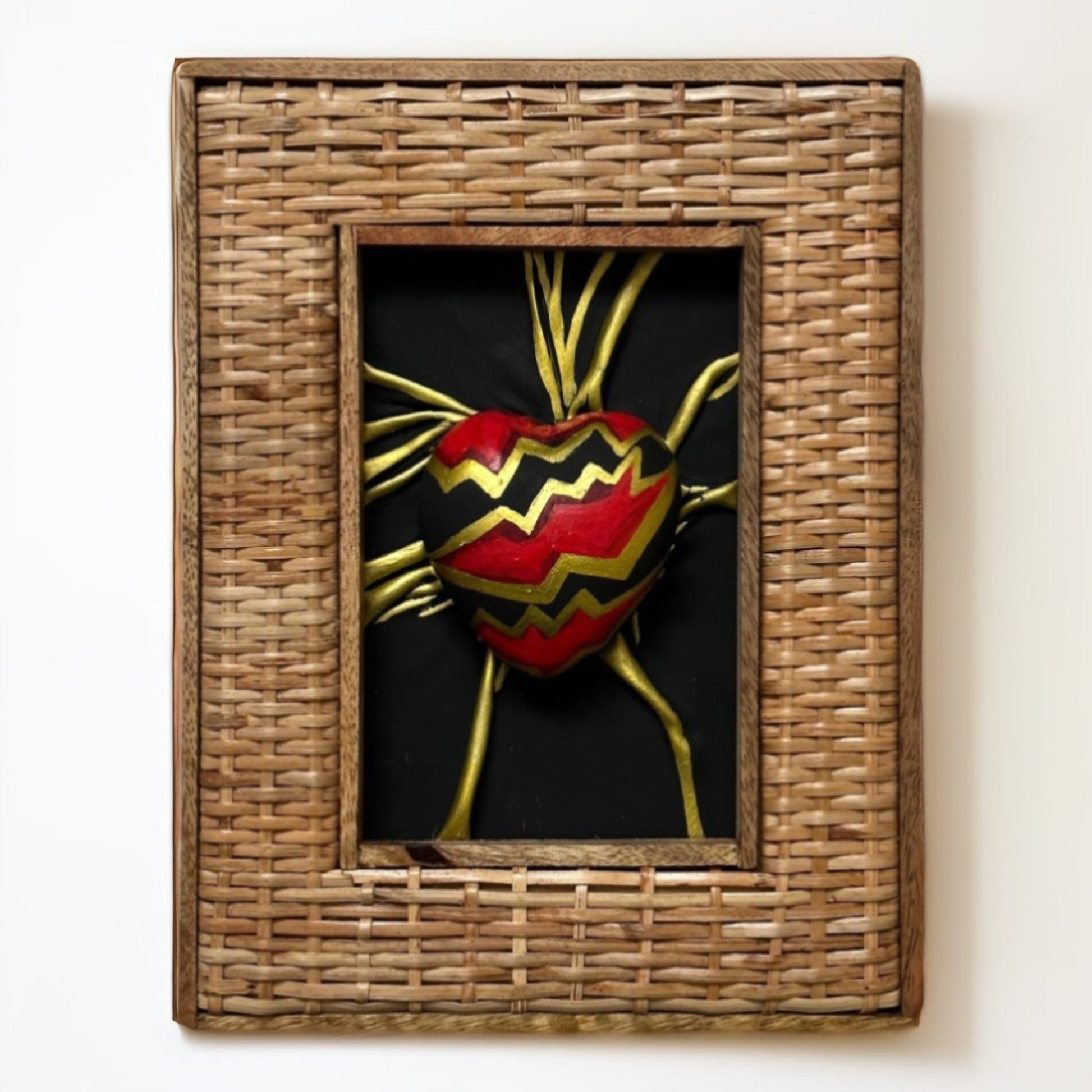 Exquisite leather heart artwork, expertly crafted and painted, set in a high-quality wooden frame with gold leaf accents, ready to elevate your home or office decor.