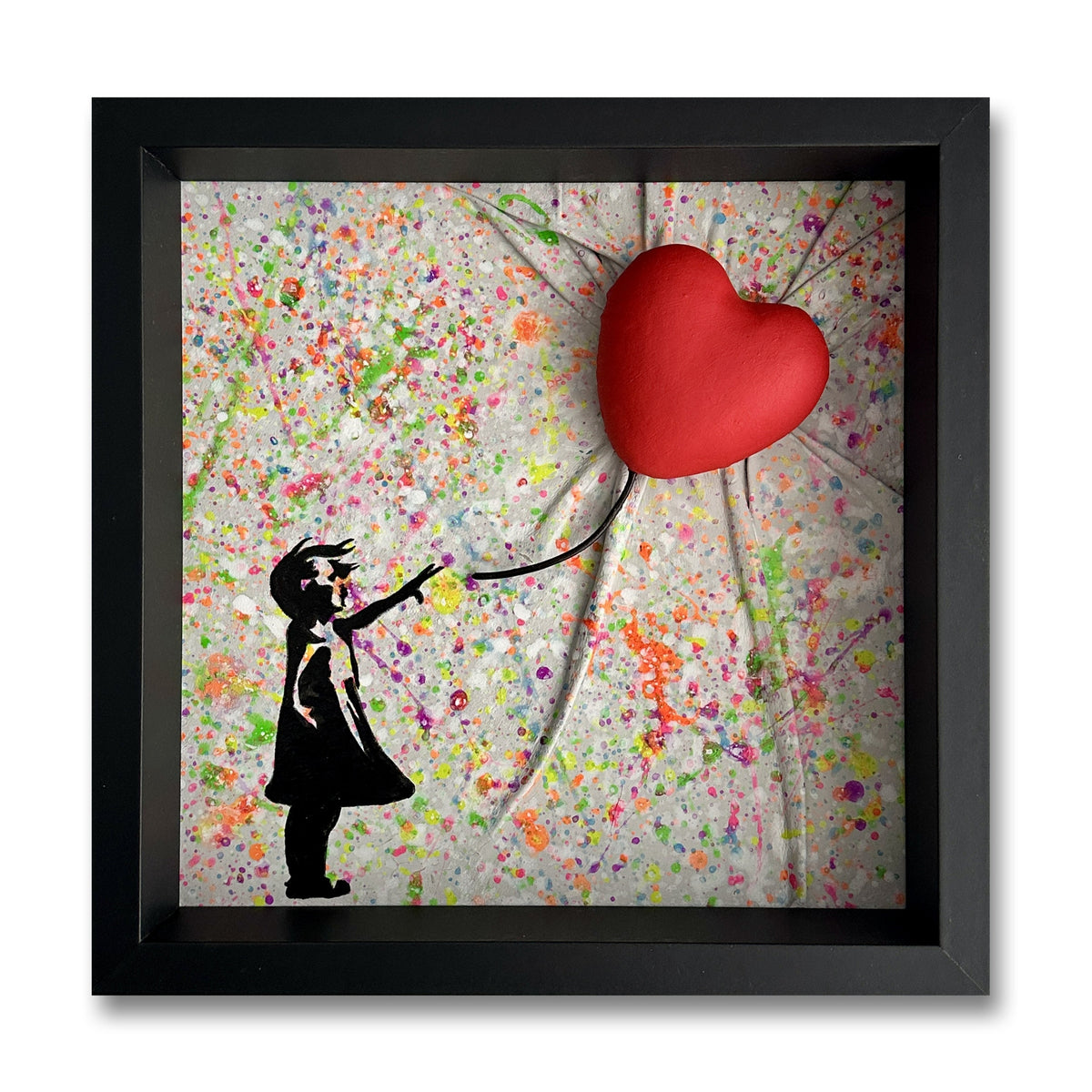Upcycled leather sculpture reimagining Banksy’s "Girl with a Red Balloon" with an abstract Pollock-inspired background.
