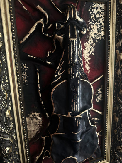 Dark academia wall art featuring leather violin relief