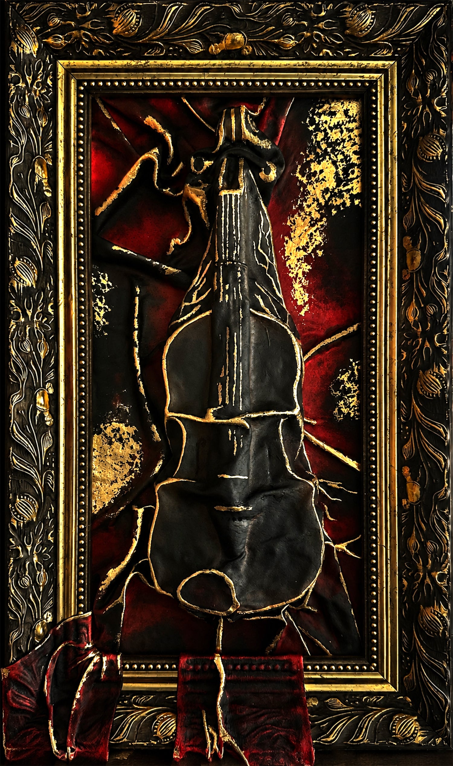 Gothic mixed media violin artwork with gold accents