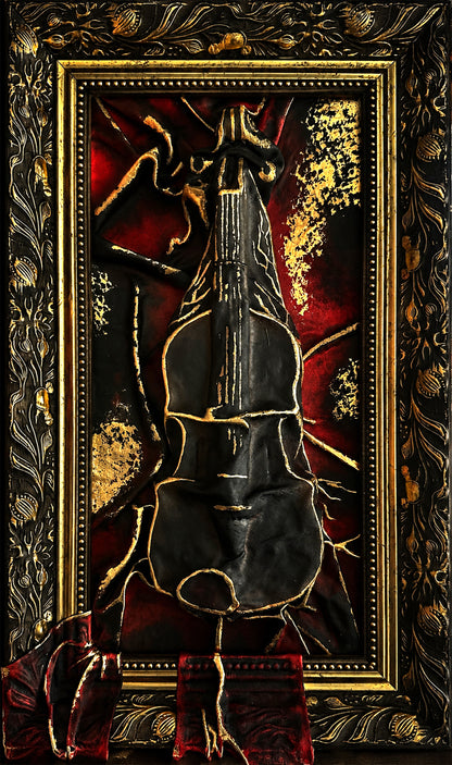 Gothic mixed media violin artwork with gold accents