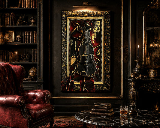 Original leather violin wall sculpture in ornate gold frame